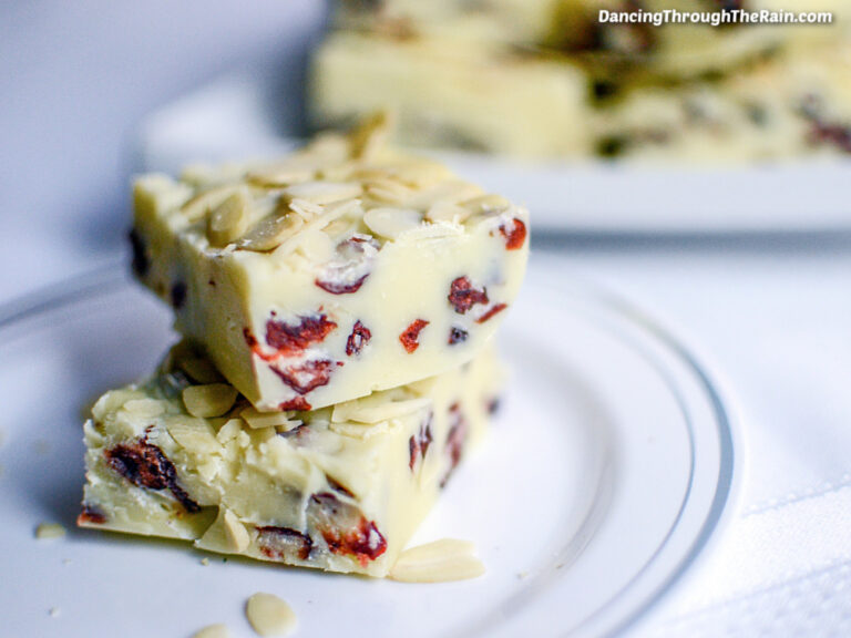 White Chocolate Cranberry Fudge With Almonds Dancing Through the Rain