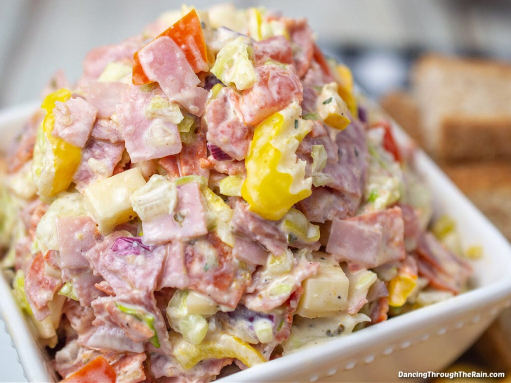 A white bowl with a closeup of Italian Hoagie Dip